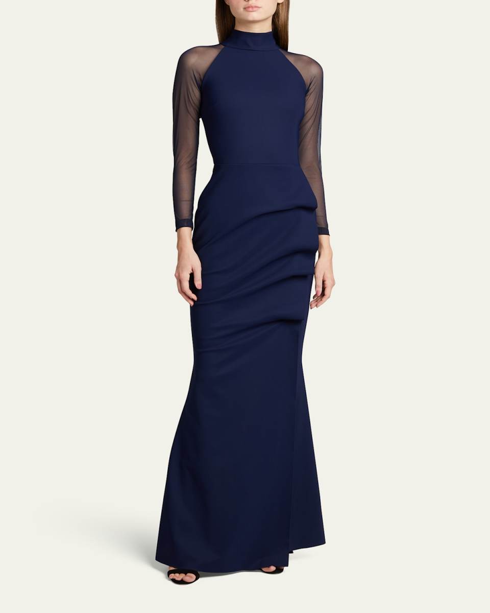 Maylys Mock-Neck Long-Sleeve Illusion Gown
